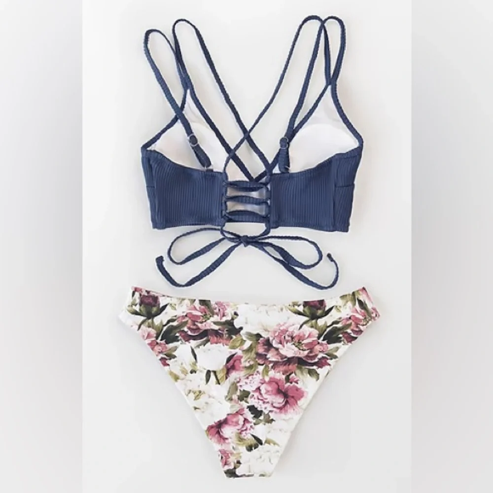 Two‎ Piece Reversible Bikini Set Navy Floral Low Waist Sexy NWT Size L